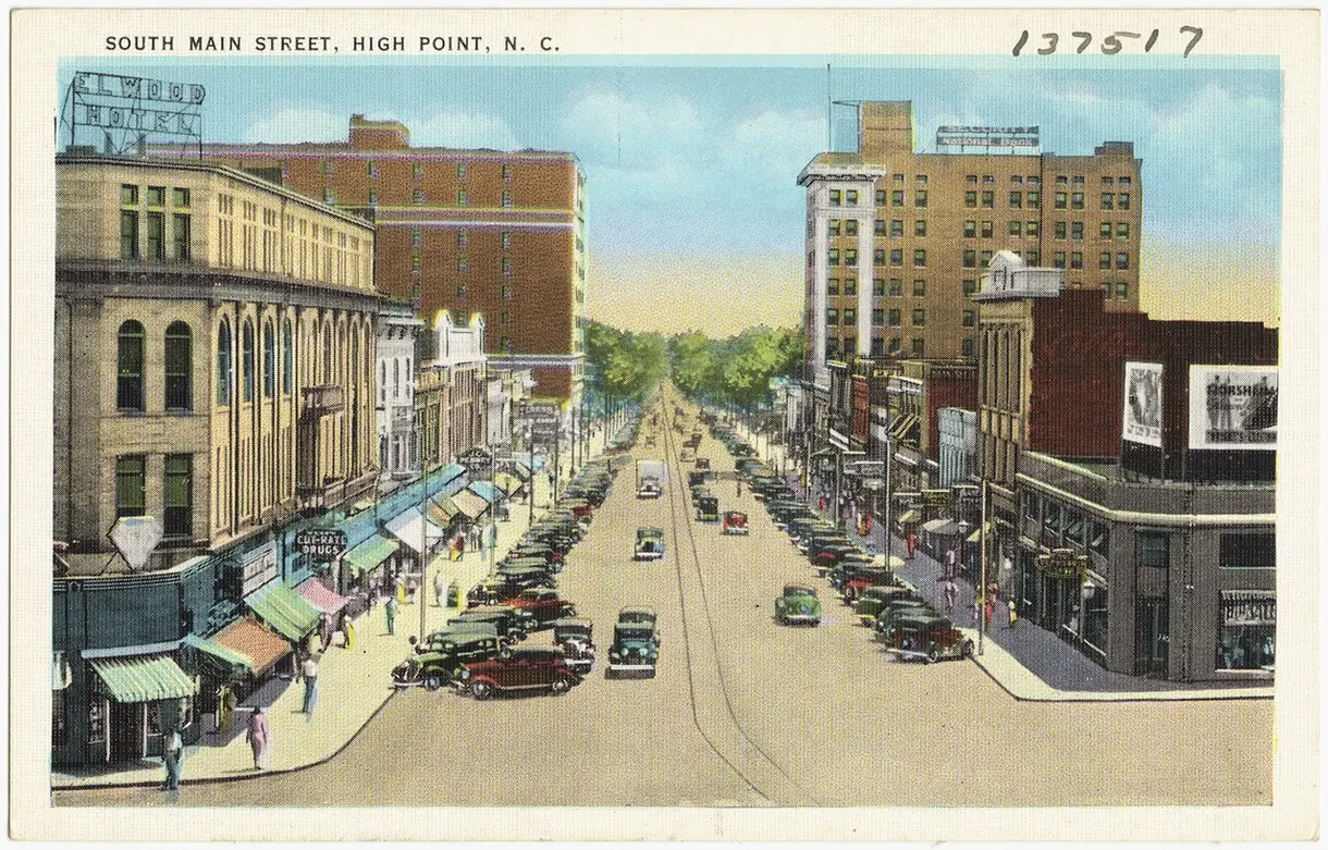 South Main Street in downtown High Point on a vintage postcard; the holiday parade has followed Main Street since 1925.