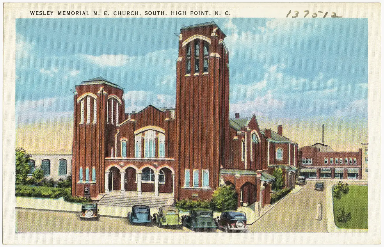 Wesley Memorial Methodist Episcopal Church, South, in High Point on a vintage postcard.