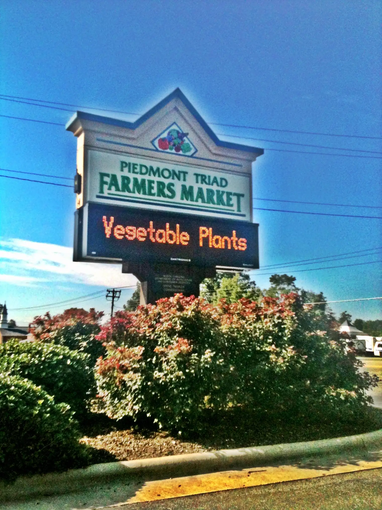 The roadside sign at the Piedmont Triad Farmers Market on Sandy Ridge Road in Colfax, northeast of High Point.