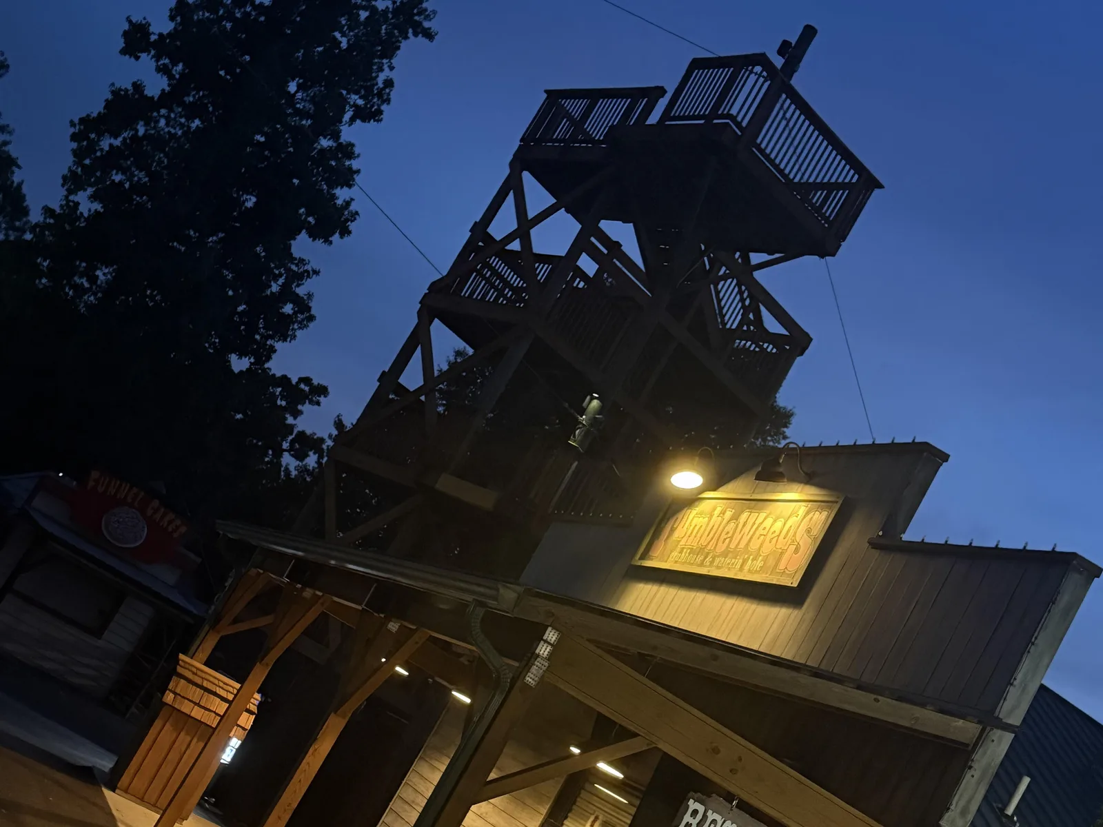 The zip line tower above the Tumbleweeds building at Kersey Valley in Archdale.