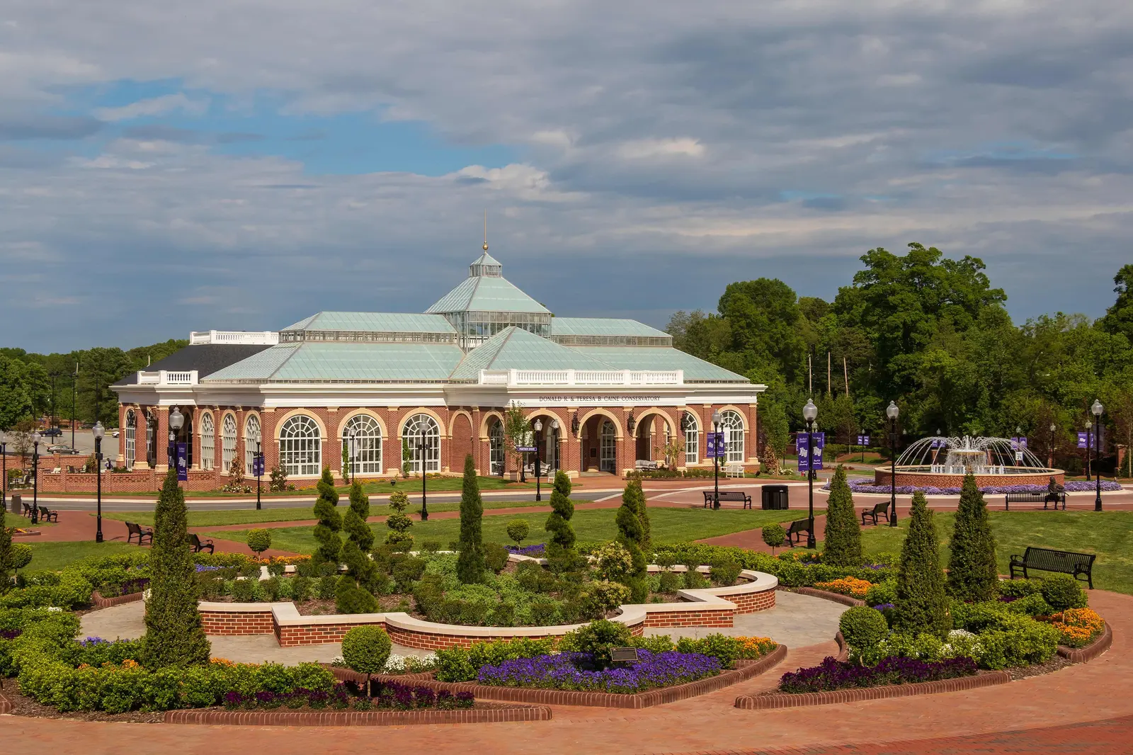 The Caine Conservatory and its formal garden on the High Point University campus.