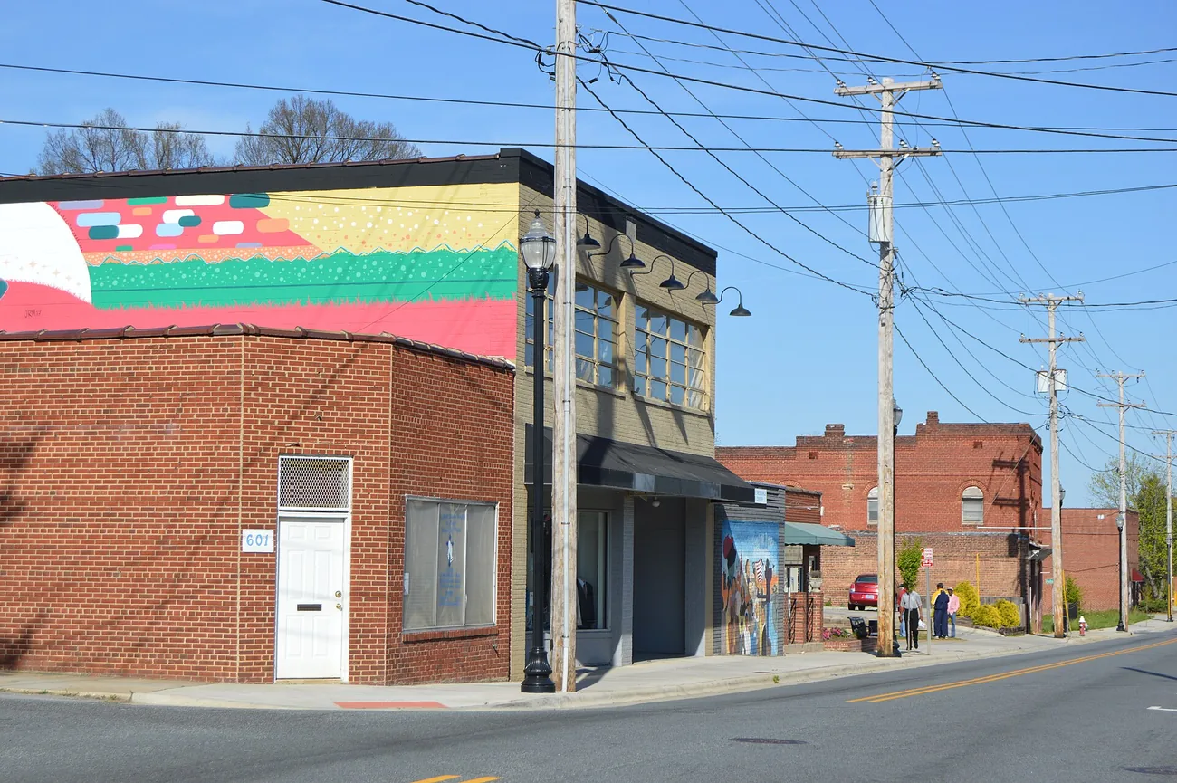 Storefronts on the north side of Washington Street, east of Centennial Street, in the Washington Street Historic District in High Point.