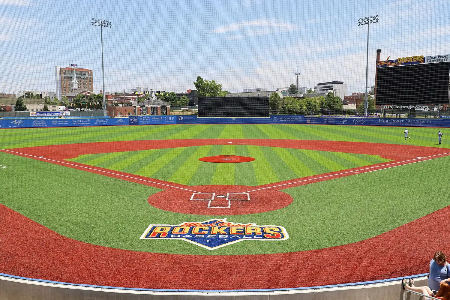 Truist Point, home of the High Point Rockers, with the downtown High Point skyline beyond the outfield.