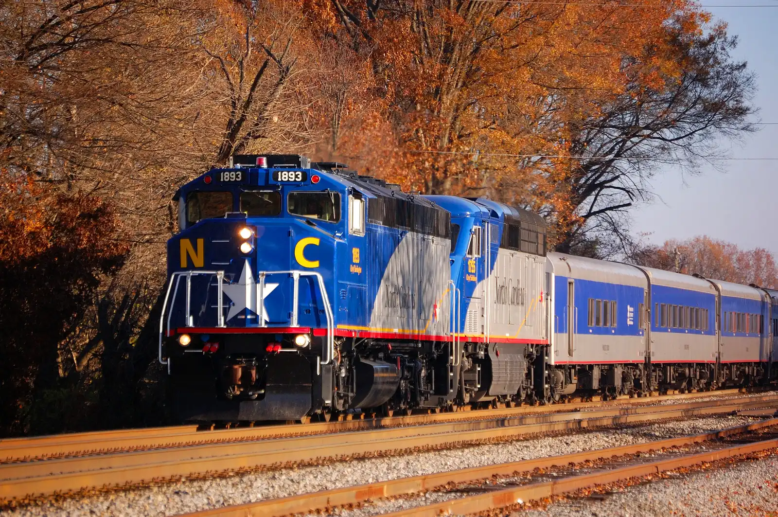 An Amtrak Piedmont train heads south through High Point on the line between Raleigh and Charlotte.
