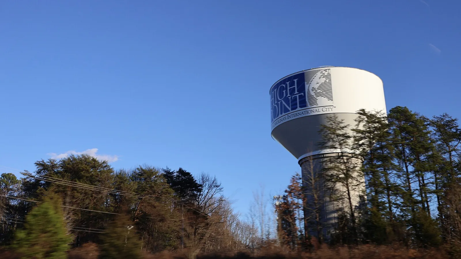 The High Point water tower, seen from Interstate 74 in Guilford County.