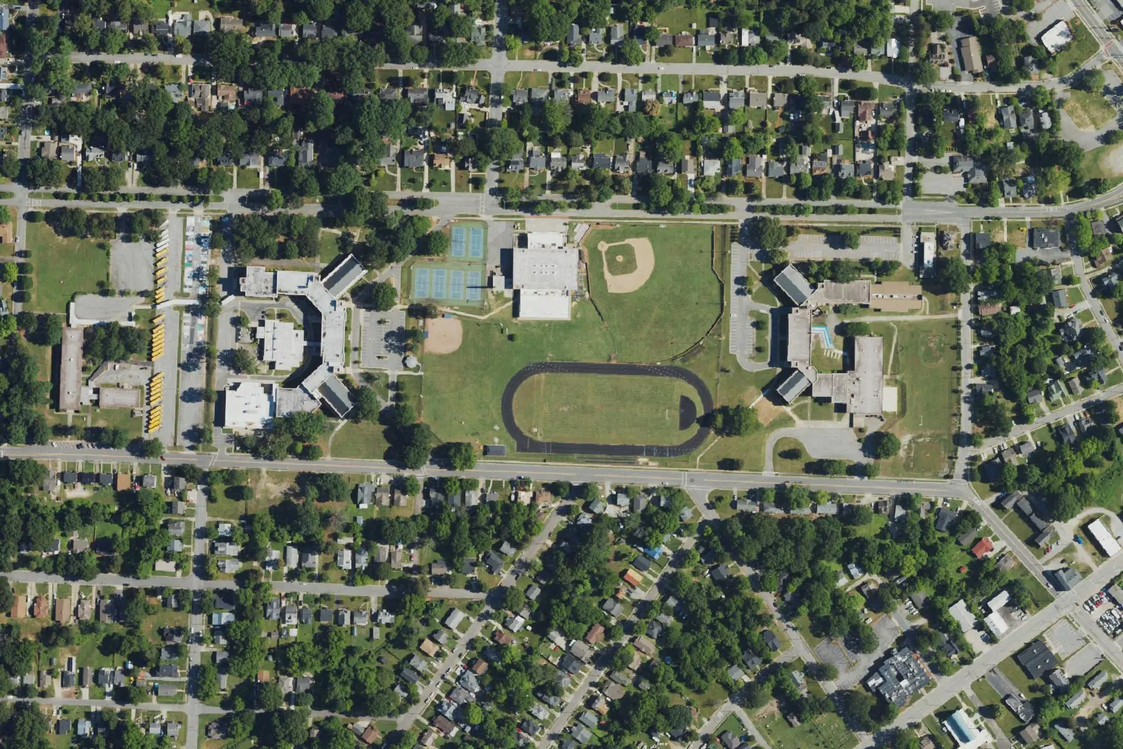 Sylvia Mendez Newcomers School, High Point Central High and Ferndale Middle along Ferndale Boulevard in High Point, seen from the air