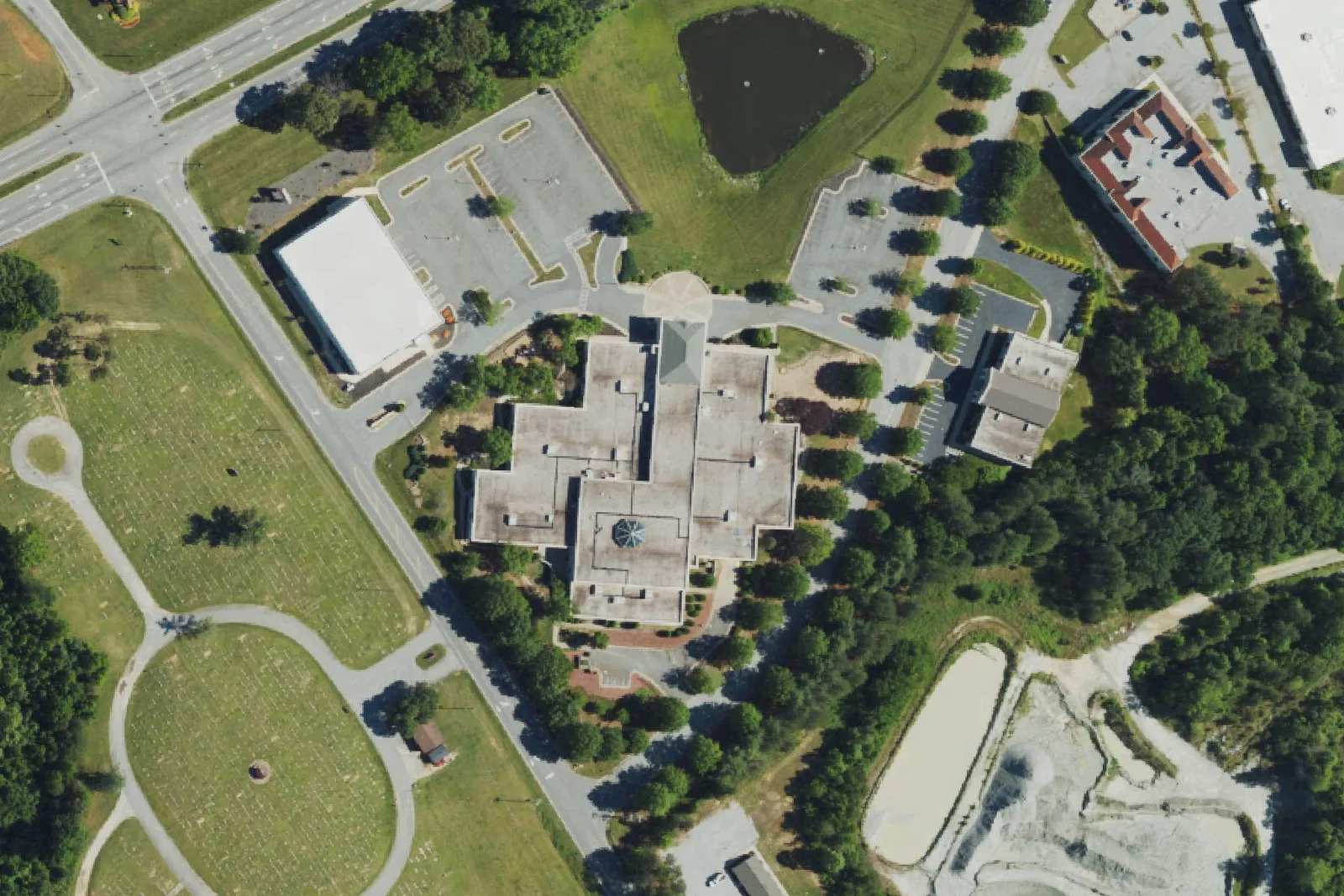 The College Preparatory and Leadership Academy campus off Furniture Avenue on the High Point-Jamestown line, seen from the air