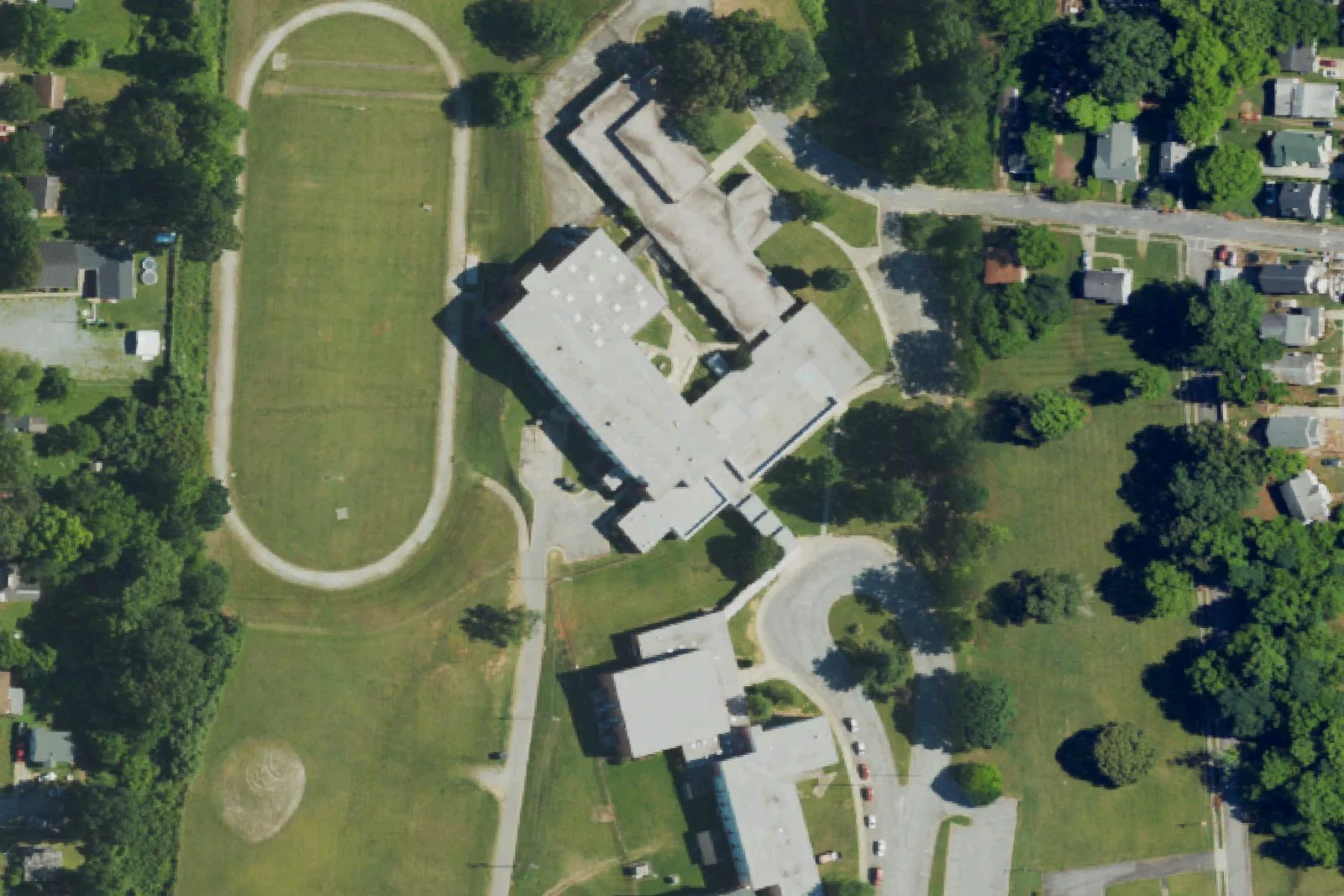 Penn-Griffin School for the Arts on Washington Street in High Point, seen from the air