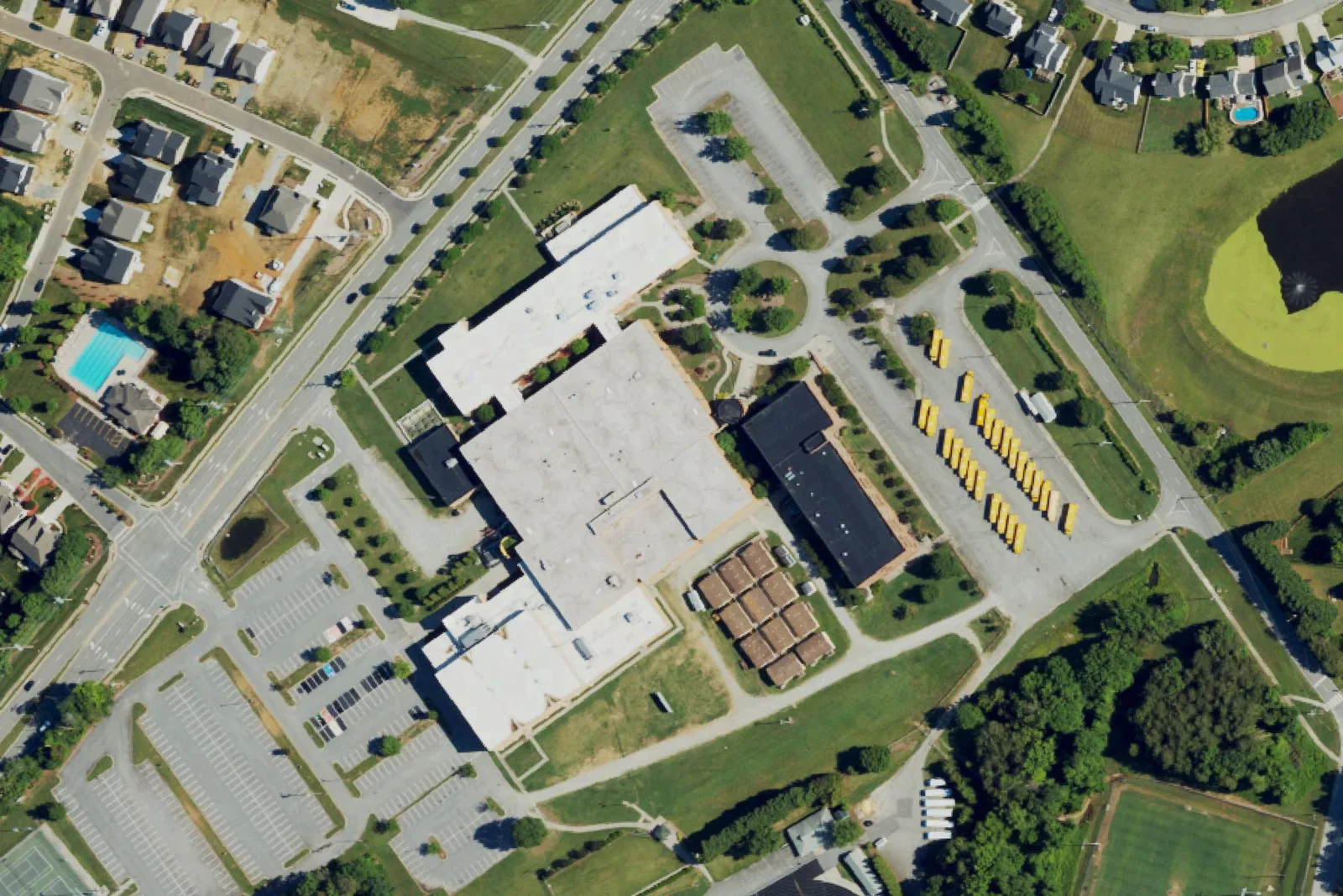 Southwest Guilford High on Barrow Road in High Point, seen from the air